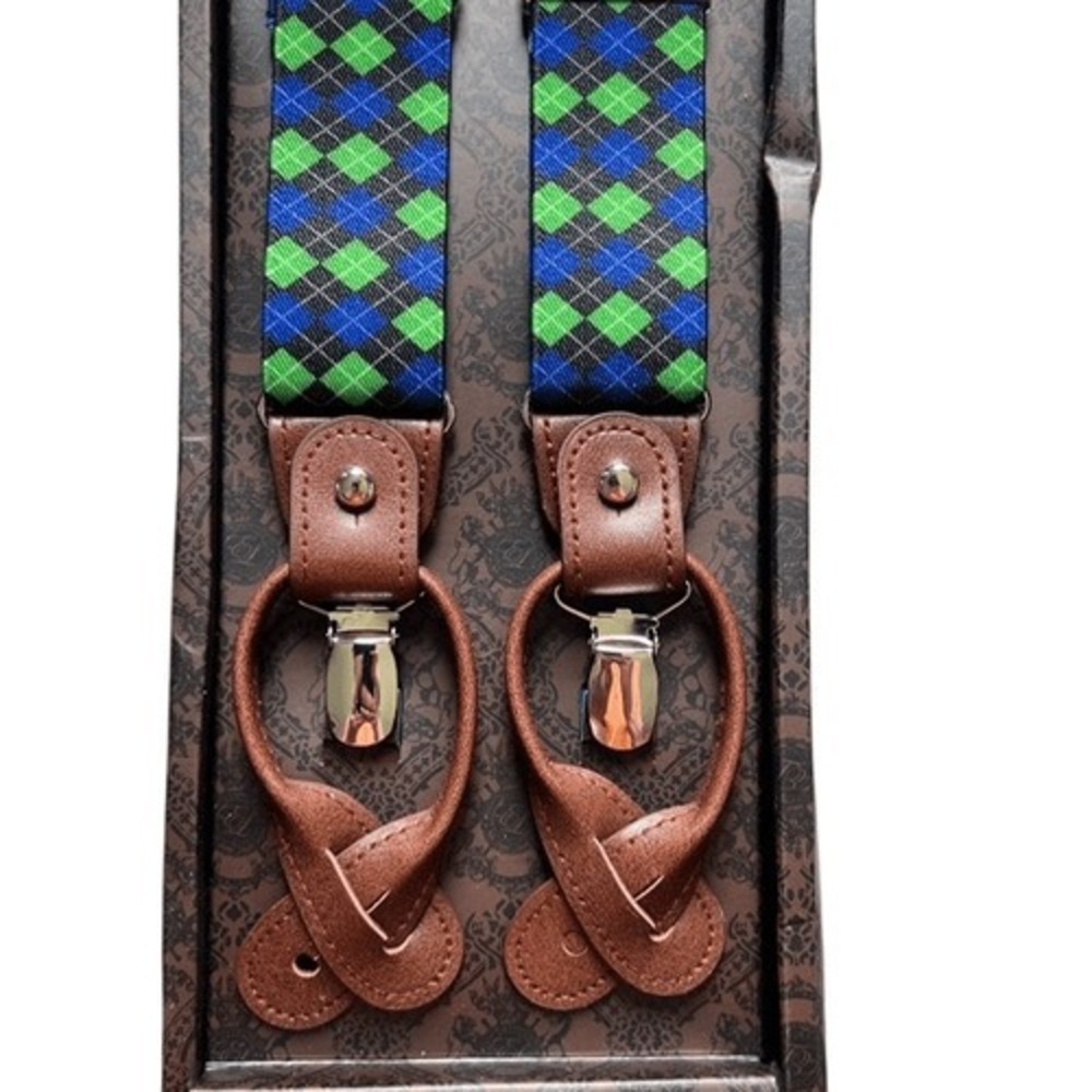English Laundry Plaid Suspenders Blue Green Tartan Adjustable Leather NIB